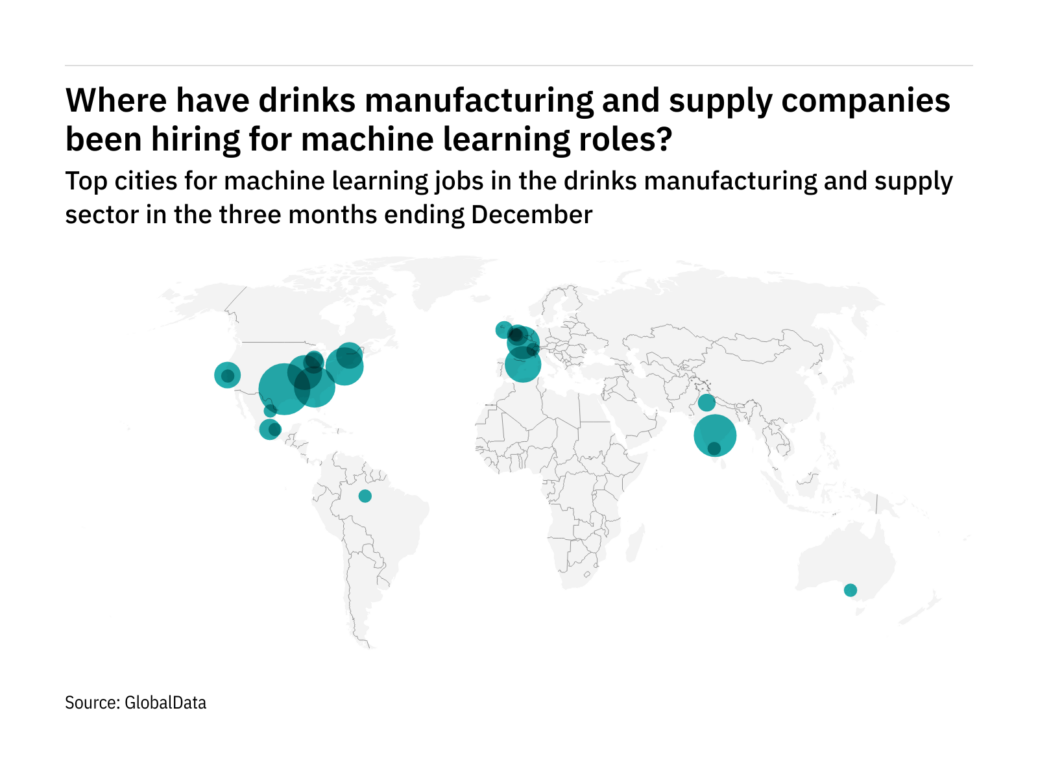 Map of cities for top machine learning jobs in beverages Q4 2021