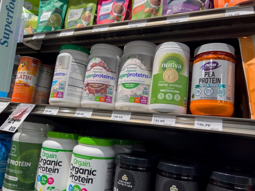 Variety of protein powders and supplements at Town and Country Market store, Mill Creek, Washington state, USA, May 2022