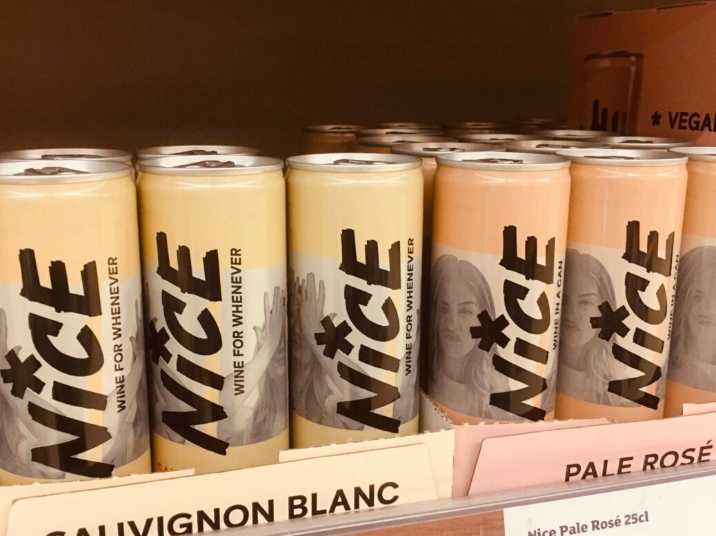 Nice Drinks canned wine on sale in Sainsbury's in Crayford, south-east London