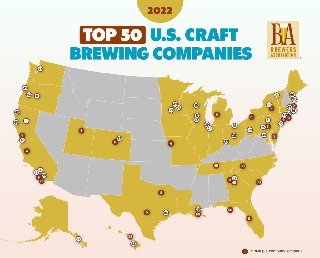 A map showing locations of the top 50 producing craft brewing companies in the US in 2022, based on beer sales volume.