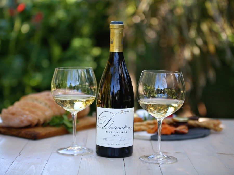 A bottle of Journey's End's The Destination Chardonnay 