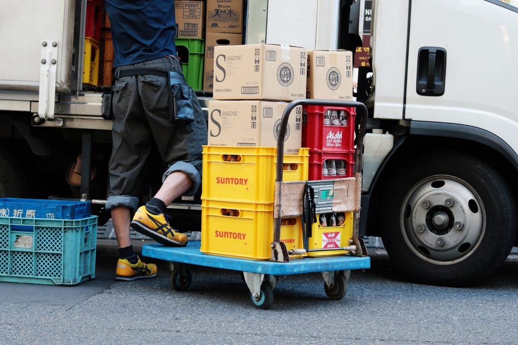 Crates of various drinks being delivered in Tokyo’s Ginza area, 26 December 2019