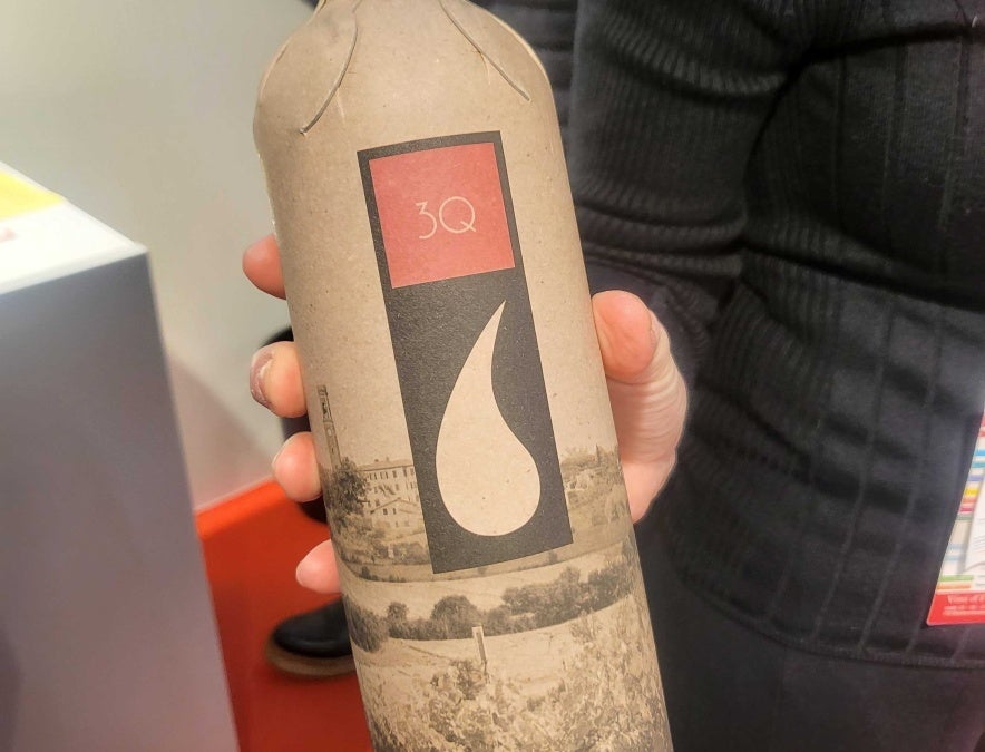 A close up of a paper wine bottle made by Frugalpac 
