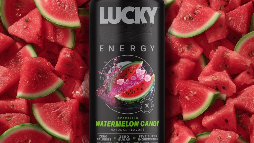 Lucky Energy Drinks brand with watermelons in background. 
