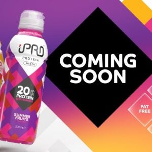 two bottles of protein water on blue, pink, orange background