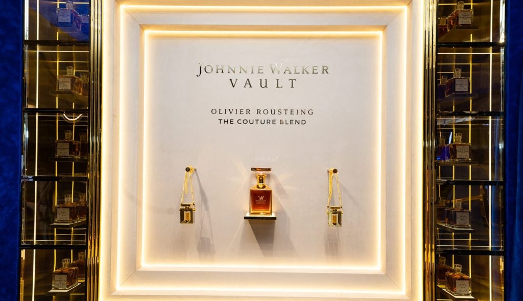 Display in Harrods showing a product from Johnnie Walker on which Diageo worked with fashion designer Olivier Rousteing