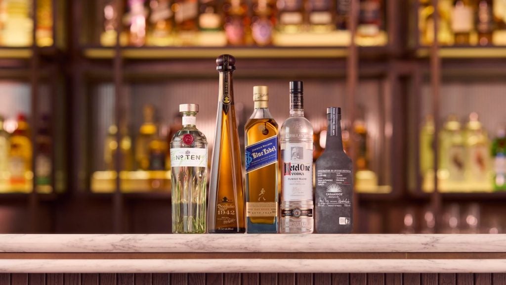 [Left to right] Tanqueray N.10, Don Julio 1942, Johnnie Walker Blue Label, Ketel One vodka, Casamigos Mezcal Joven. Credit: Diageo