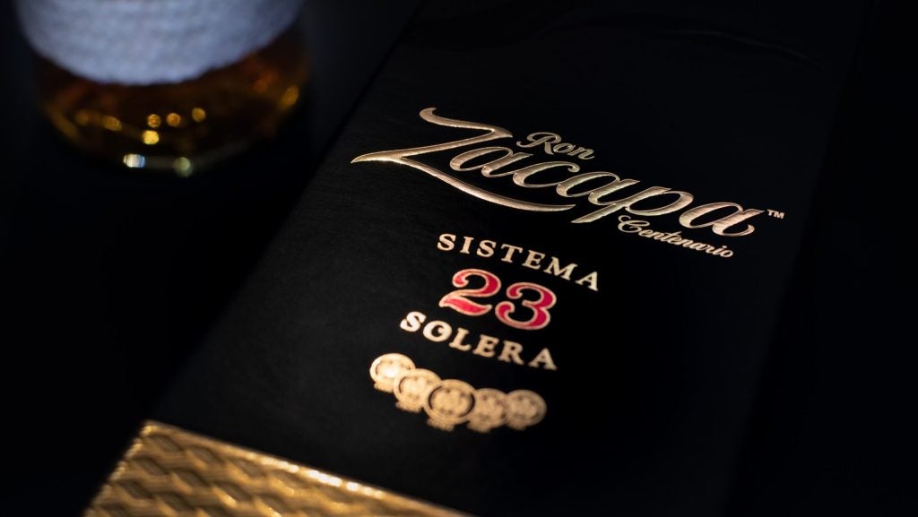 A close-up of a box for Diageo Guatemalan rum brand Zacapa Centenario Sistema 23