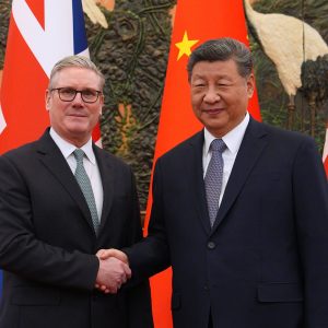 UK Prime Minister Keir Starmer shakes hands with Chinese President Xi Jinping ahead of a bilateral meeting on January 29, 2026 in Beijing, China. Credit: Carl Court/Getty Images