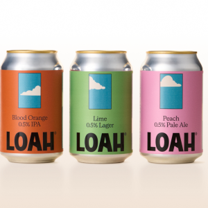 Loah branded alcohol-free beers. Selection of three products with orange, green and pink labels.