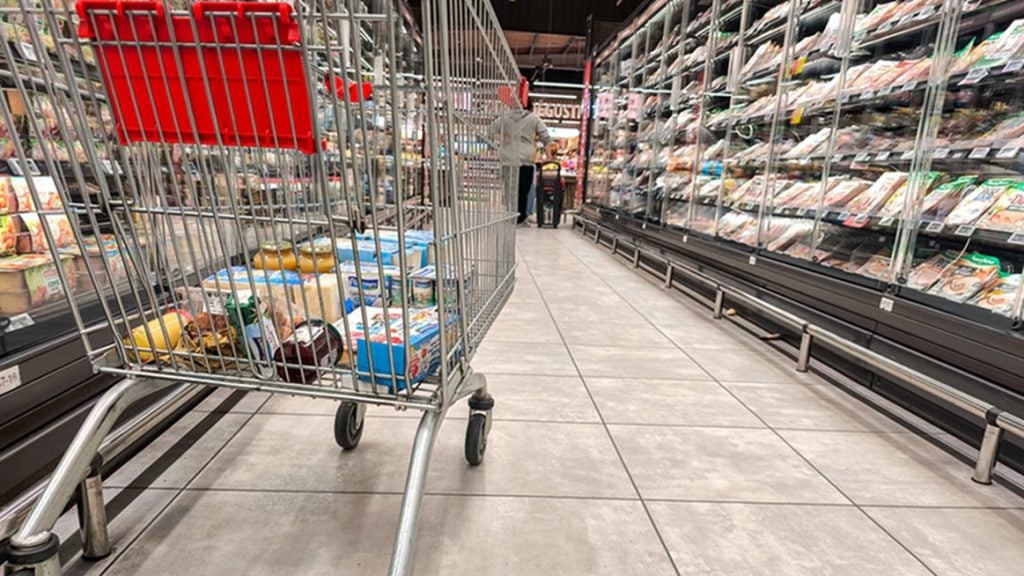 A shopping cart filled with food shopping in an Intermarché supermarket in Valence in the Drome department in the south-east of France on 17 February 2026. Credit: Nicolas Guyonnet / Hans Lucas / AFP via Getty Images