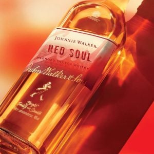 Diageo Johnnie Walker bottle, Red Soul brand one orange and red background.